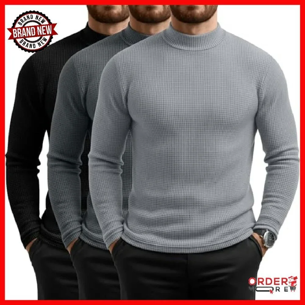 3 Pack Men's Thermal Waffle Mock Turtleneck Long Sleeve Shirts